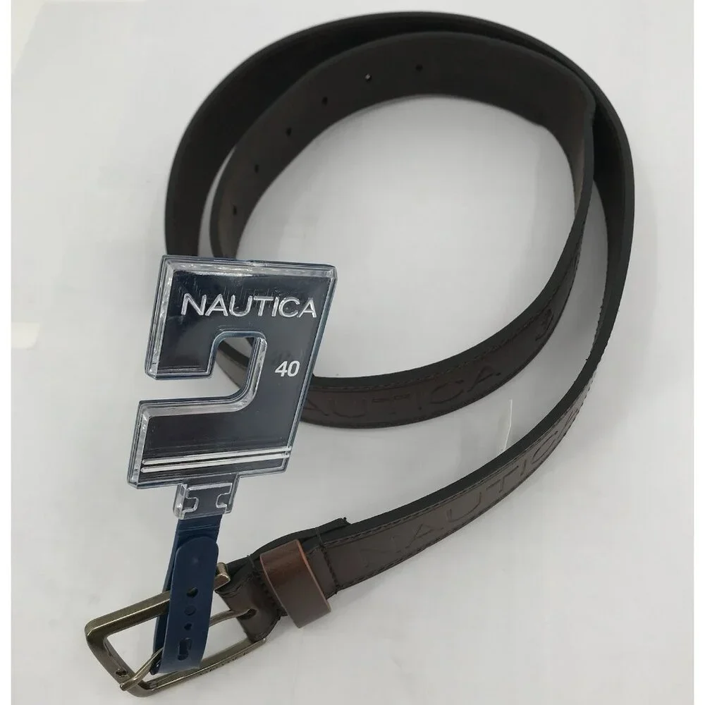 Nautica Men's Belt Size 40 Brown Leather Classic Logo‎ Basic Dress Dad Gift